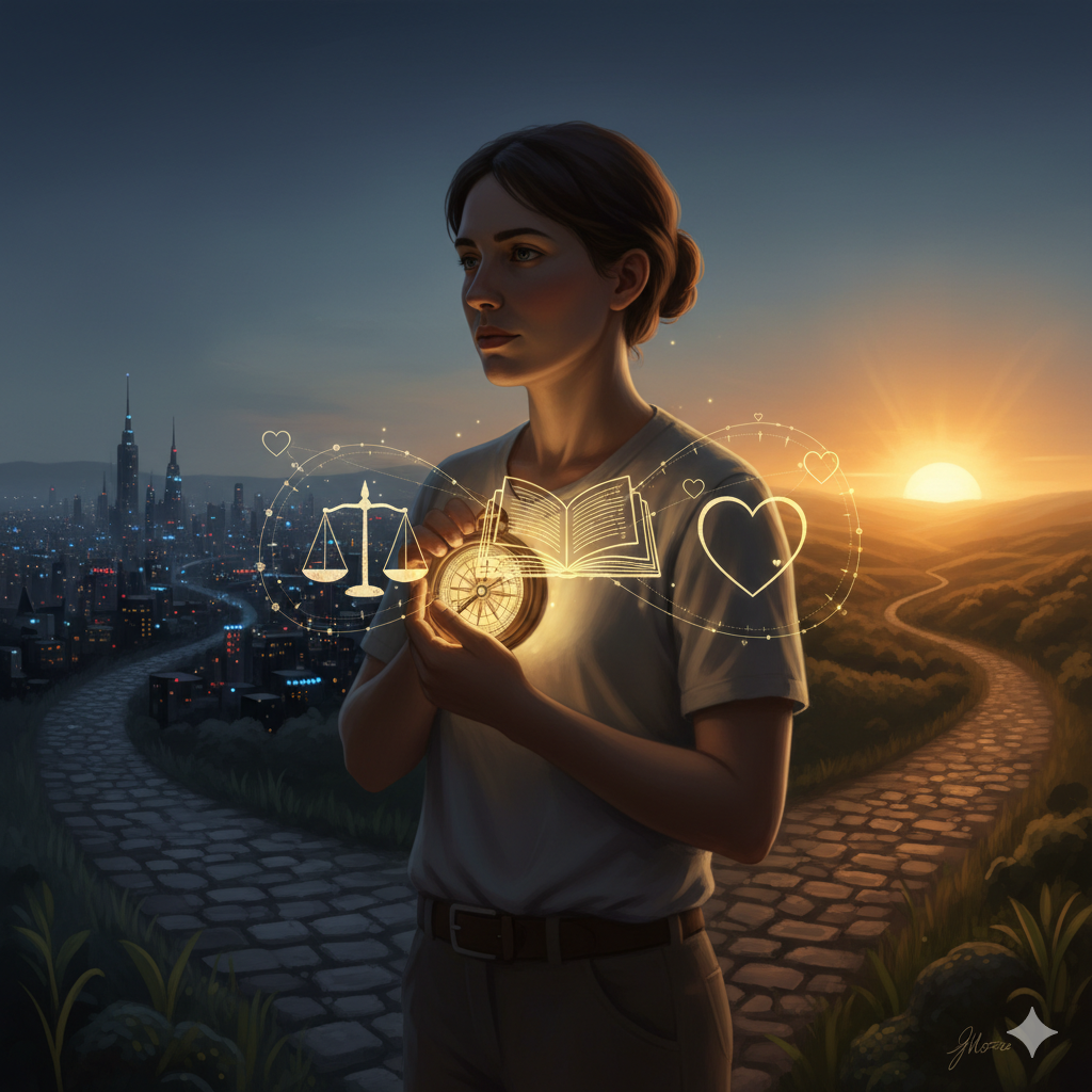 A person at a crossroads holding a glowing compass near their heart, symbolizing moral guidance.