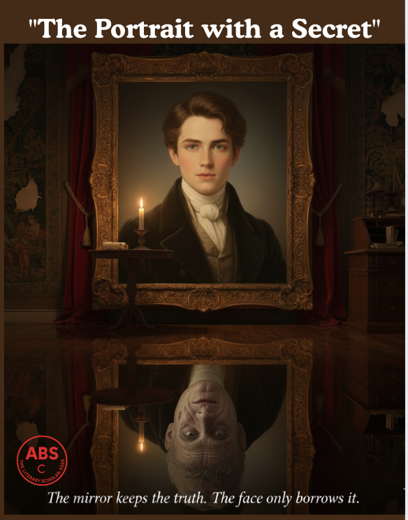 An oil painting titled The Portrait with a Secret depicts a young man’s flawless image in a golden frame, while his real figure beside it appears older and weary, lit by a trembling candle in a dim Victorian room.