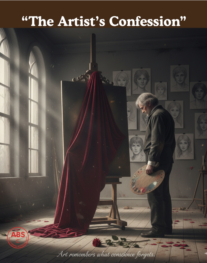 An oil painting titled The Artist’s Confession depicts a painter standing before a shrouded portrait in a dim studio, surrounded by unfinished canvases and scattered rose petals, symbolizing art, guilt, and remembrance.