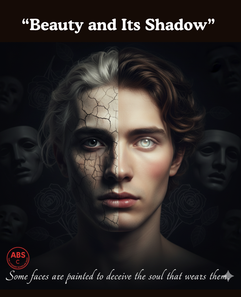 A surreal oil portrait titled Beauty and Its Shadow shows a young man’s face split into two halves, one radiant and youthful, the other cracked and aged, surrounded by faint roses and shadowed masks.