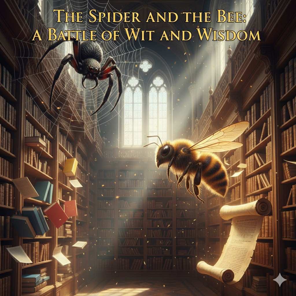 A glowing golden bee hovers above an ancient scroll in a dim, dramatic library, facing a dark spider hanging from a thread near modern books, symbolising the clash between ancient wisdom and modern vanity.