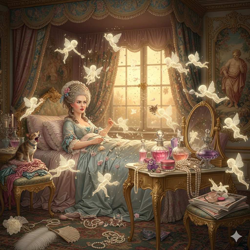 A young 18th-century woman with golden curls sits in a lavish Rococo boudoir while tiny glowing sylphs hover around her hair, creating a magical, whimsical scene inspired by The Rape of the Lock.