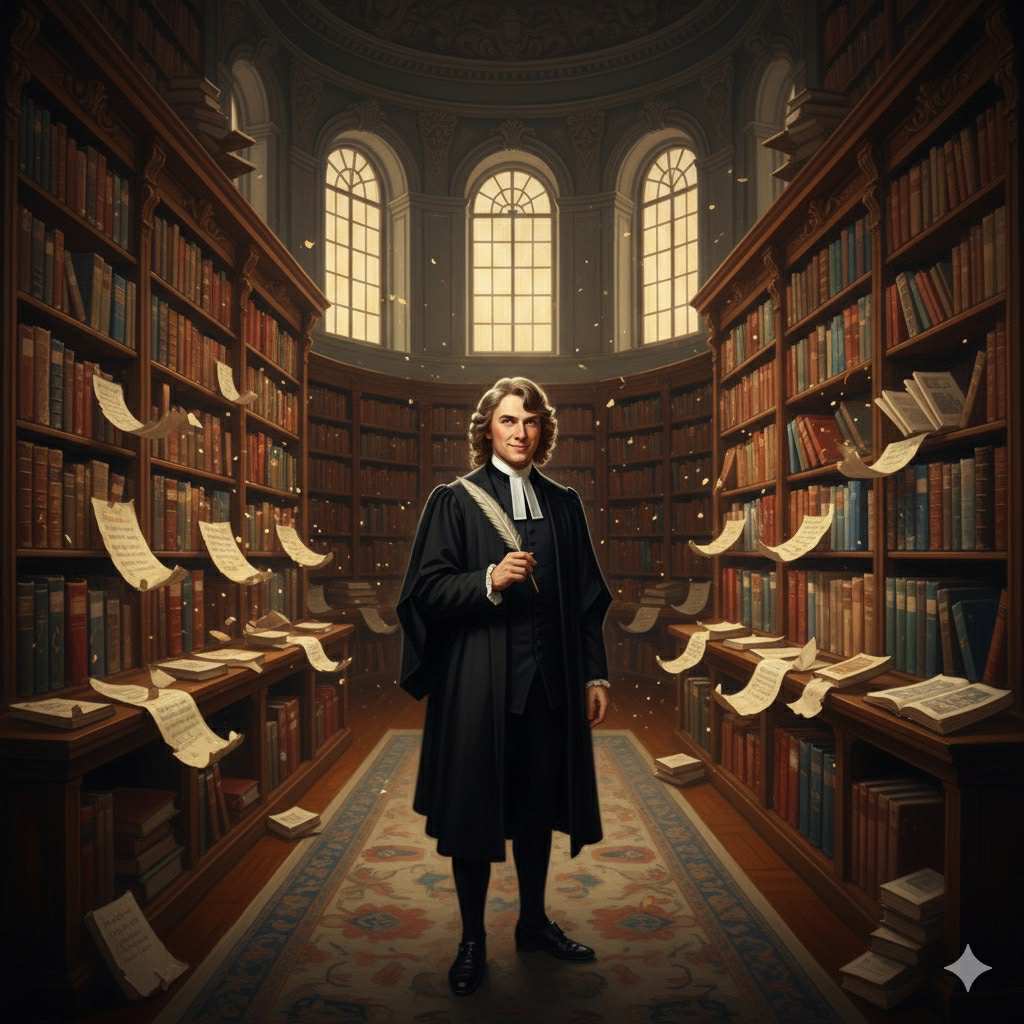 Jonathan Swift stands in the grand Saint James Library holding a quill, surrounded by glowing ancient scrolls on one side and bright modern books on the other, as the library seems to awaken with quiet tension.