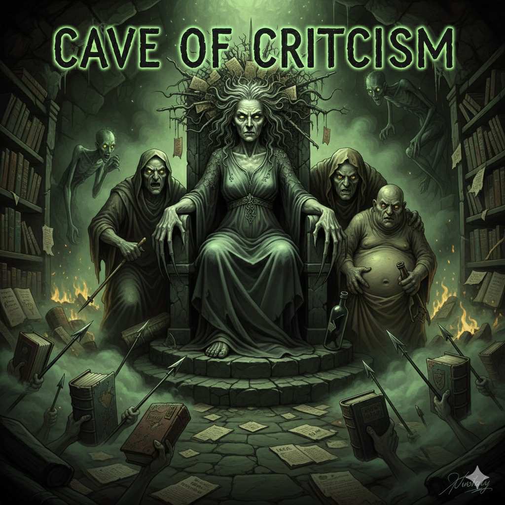 A dark underground cavern where an ancient, wrinkled Goddess of Criticism sits on a cracked stone throne surrounded by eerie creatures, while modern books approach holding symbolic weapons in a smoky, glowing atmosphere.