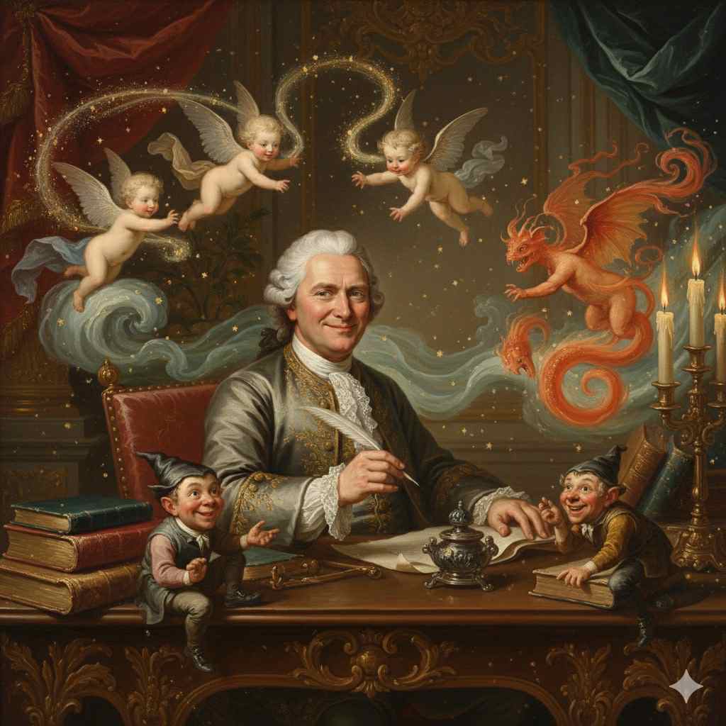 Alexander Pope sits at his candlelit writing desk with a quill, surrounded by fantastical elemental beings: a glowing sylph floating above him, a water nymph emerging behind, fiery salamander shapes swirling near the candles, and cheerful gnomes peeking from around the desk.