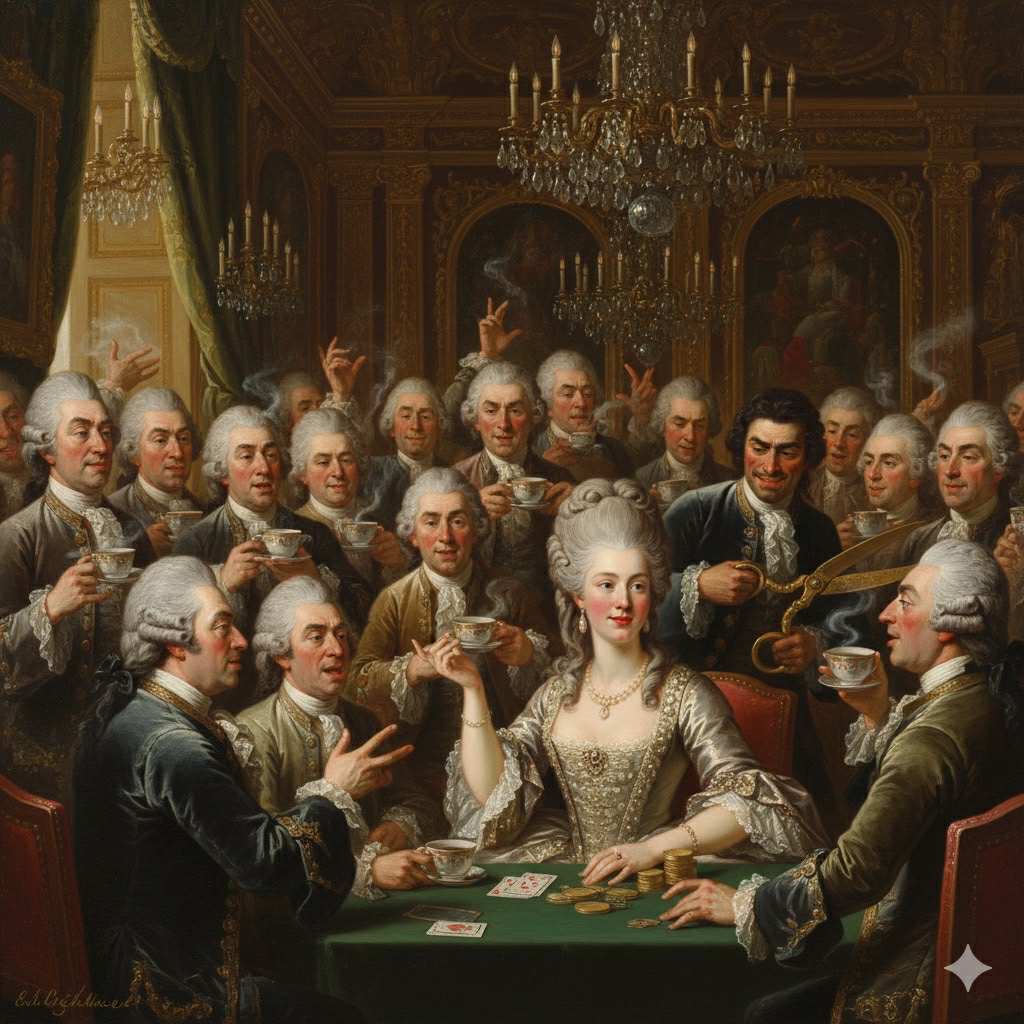 18th-century coffee house scene with powdered-wig aristocrats sipping coffee while Belinda wins a card game; behind her, the Baron sneaks up with ornate scissors to cut her lock, all in a humorous Rococo style.