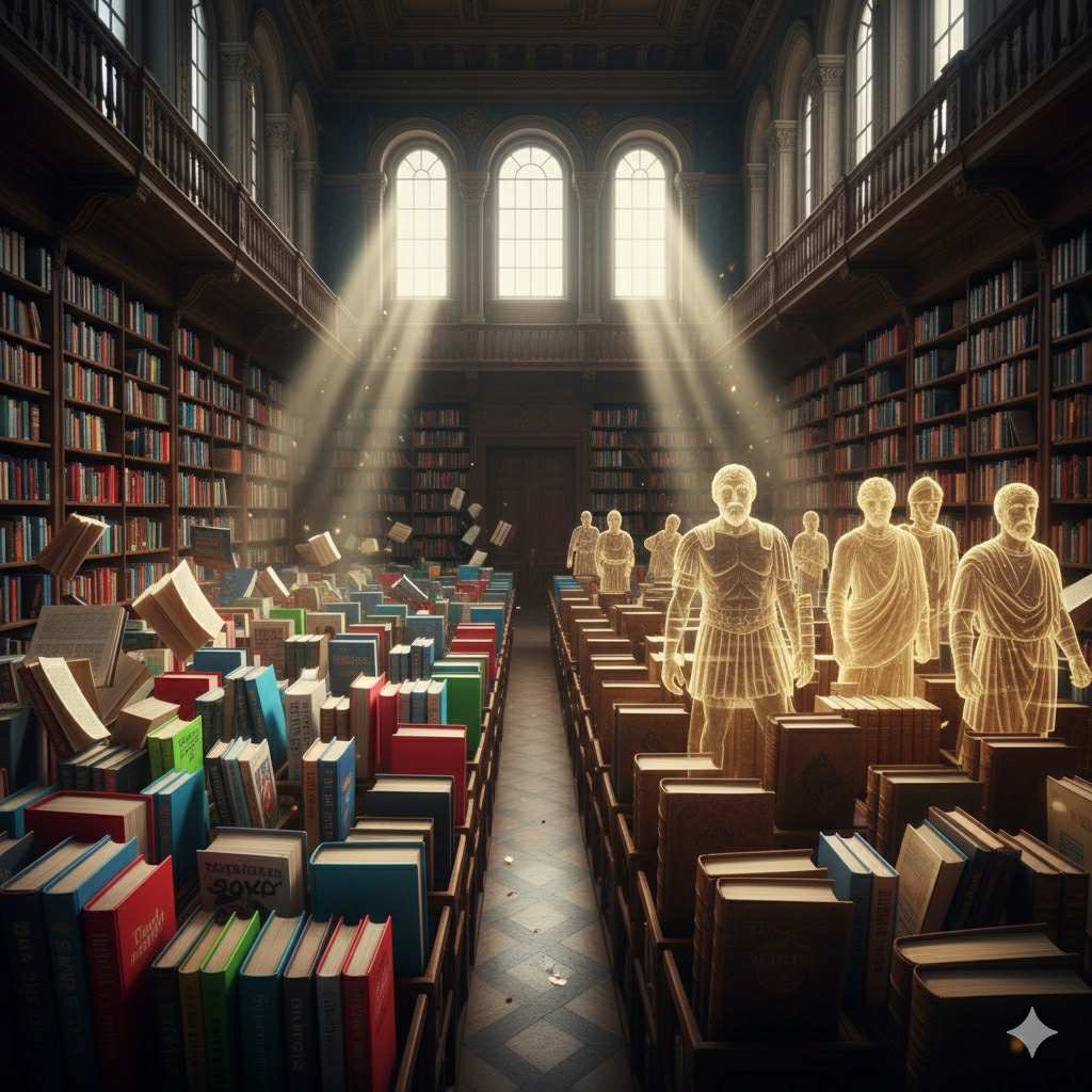A grand, golden lit library with ancient scrolls glowing on one side and bright modern books on the other, as dust rises in the air and the room appears to awaken with quiet magical movement.