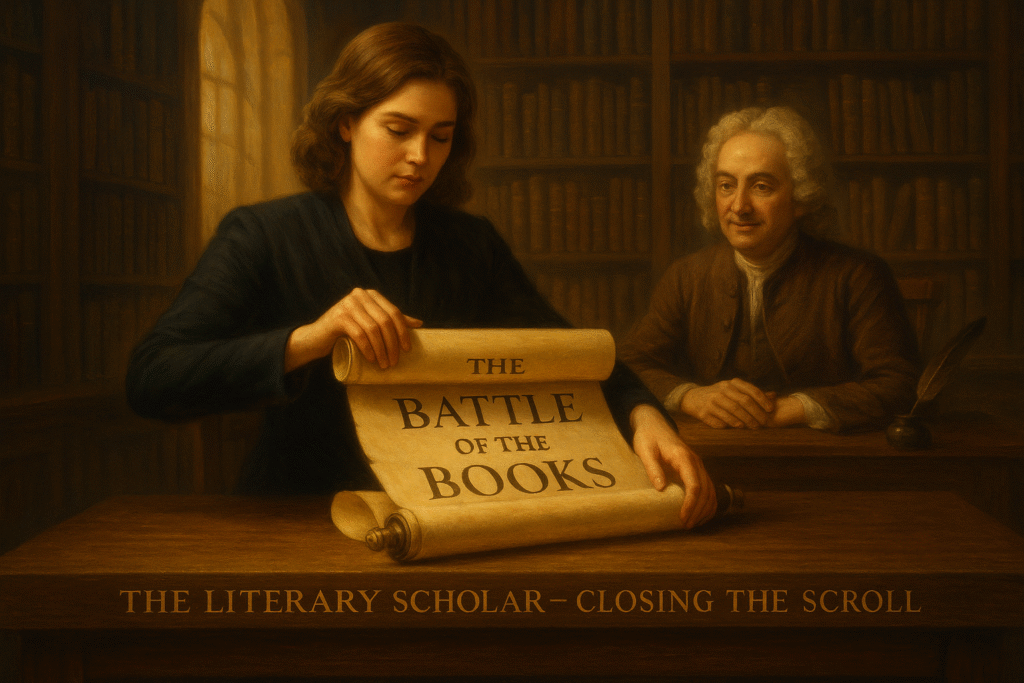The Literary Scholar closes the glowing scroll titled The Battle of the Books at a long wooden table while Jonathan Swift sits across from her, watching with a knowing smile inside a warm, golden lit library filled with ancient manuscripts and modern books.