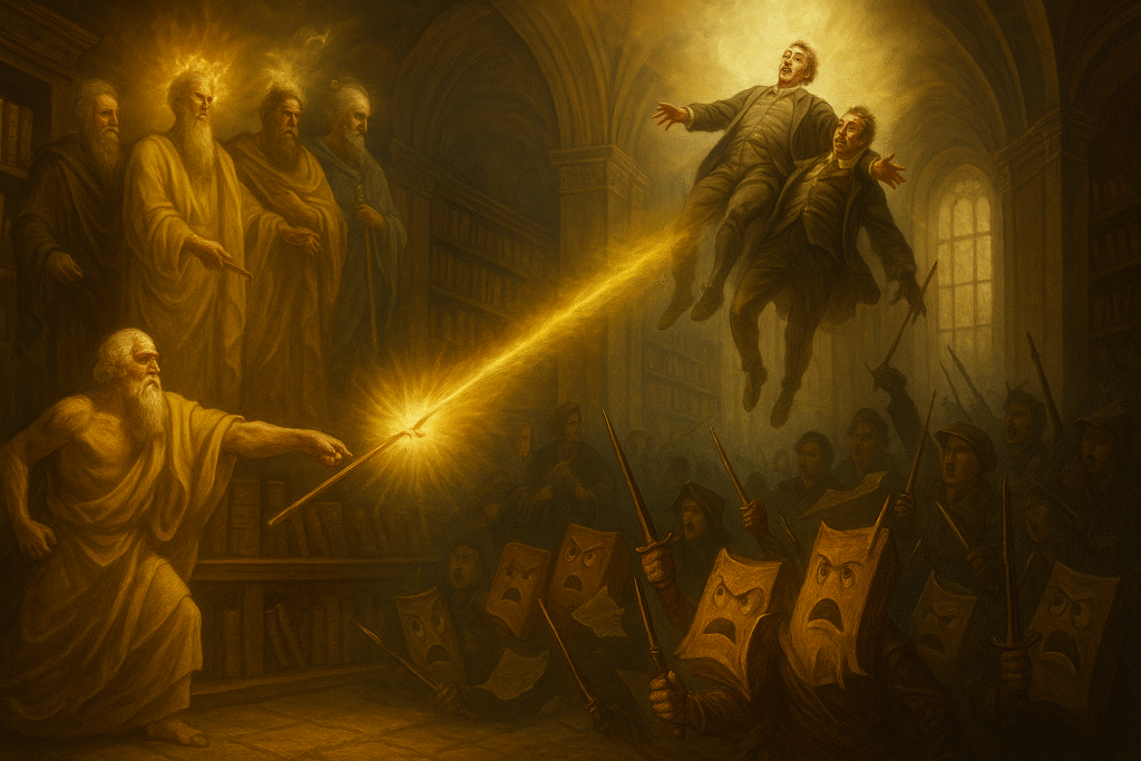 A dramatic Baroque style scene inside a grand library where Homer hurls a glowing golden spear that pierces Wotton and Bentley, lifting them upward in radiant light, as ancient authors stand calm and illuminated while modern books panic in chaotic formation.