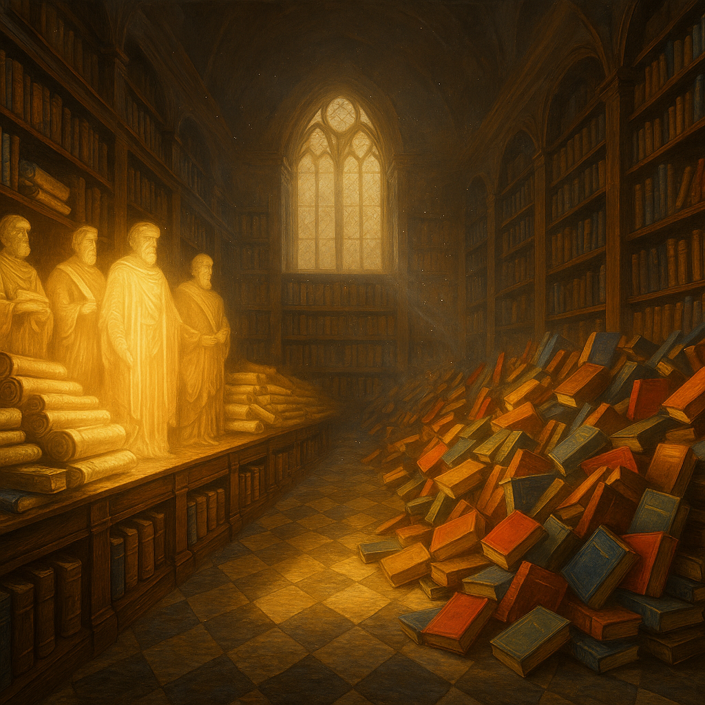 nside a grand golden lit library, glowing ancient scrolls and statues of classical authors stand in formation on the left while piles of brightly coloured modern books gather chaotically on the right, as sunlight streams through a tall arched window.