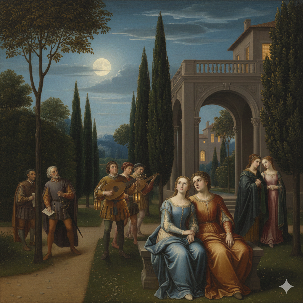Renaissance style night scene showing Lorenzo and Jessica in Belmont’s garden as musicians play and Portia and Nerissa arrive quietly.