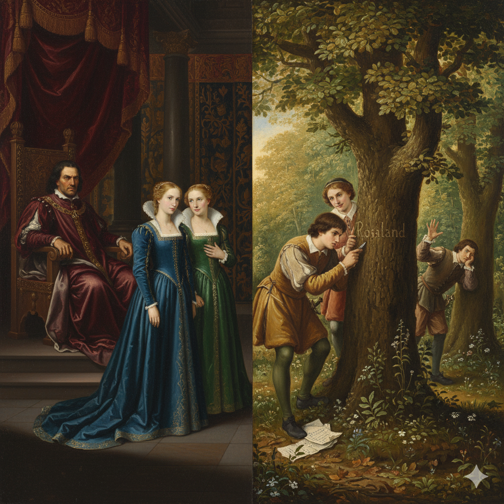 Renaissance painting showing Duke Frederick with Rosalind and Celia on one side, contrasted with Orlando carving poetry in the Forest of Arden while Rosalind as Ganymede, Touchstone, and Jaques look on.