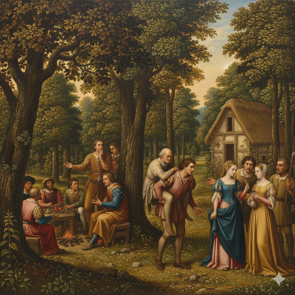 Renaissance style painting showing Duke Senior welcoming Orlando carrying Adam, while Rosalind as Ganymede and Celia as Aliena meet shepherds, and Jaques observes gloomily under a tree.