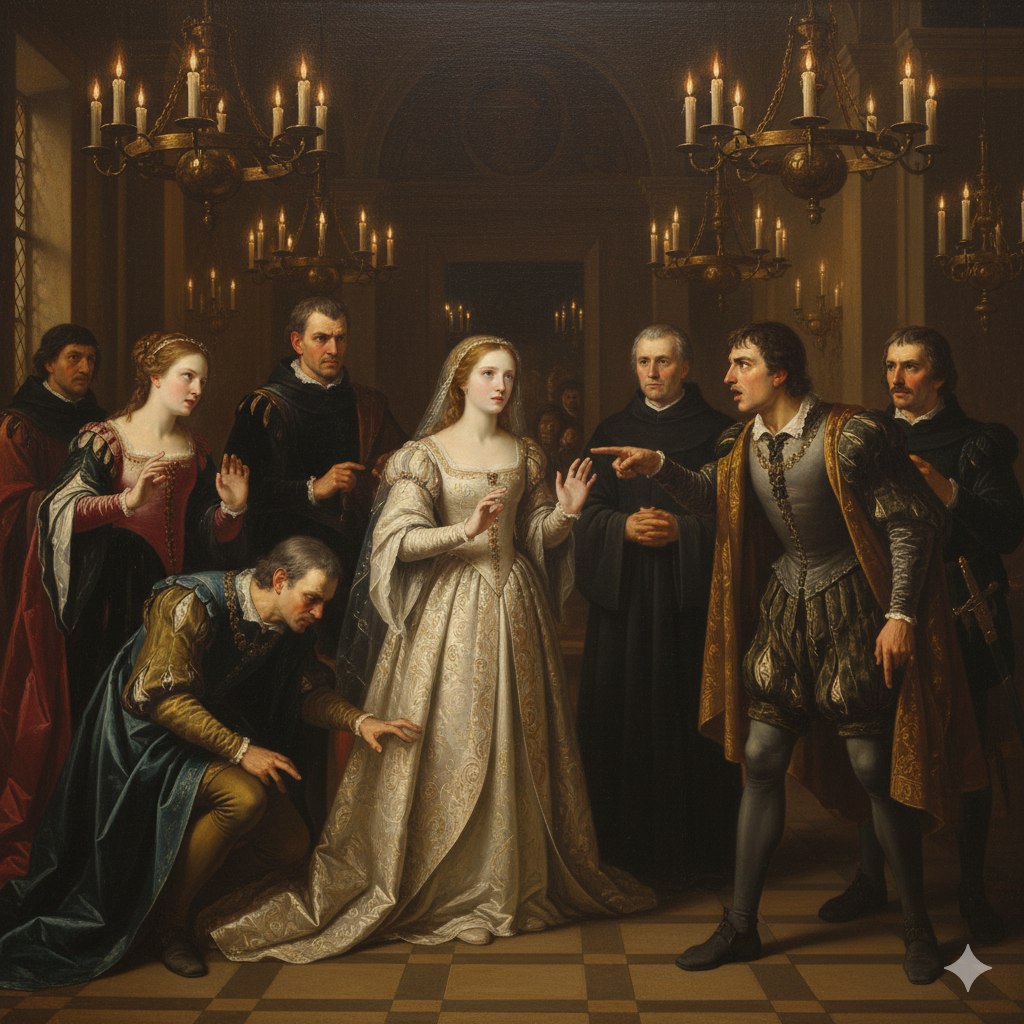 Renaissance style painting of Hero and Claudio reunited in a grand hall, Claudio kneeling with a wreath as Hero forgives him, with Beatrice, Benedick, Leonato, Don Pedro, and the Friar witnessing.
