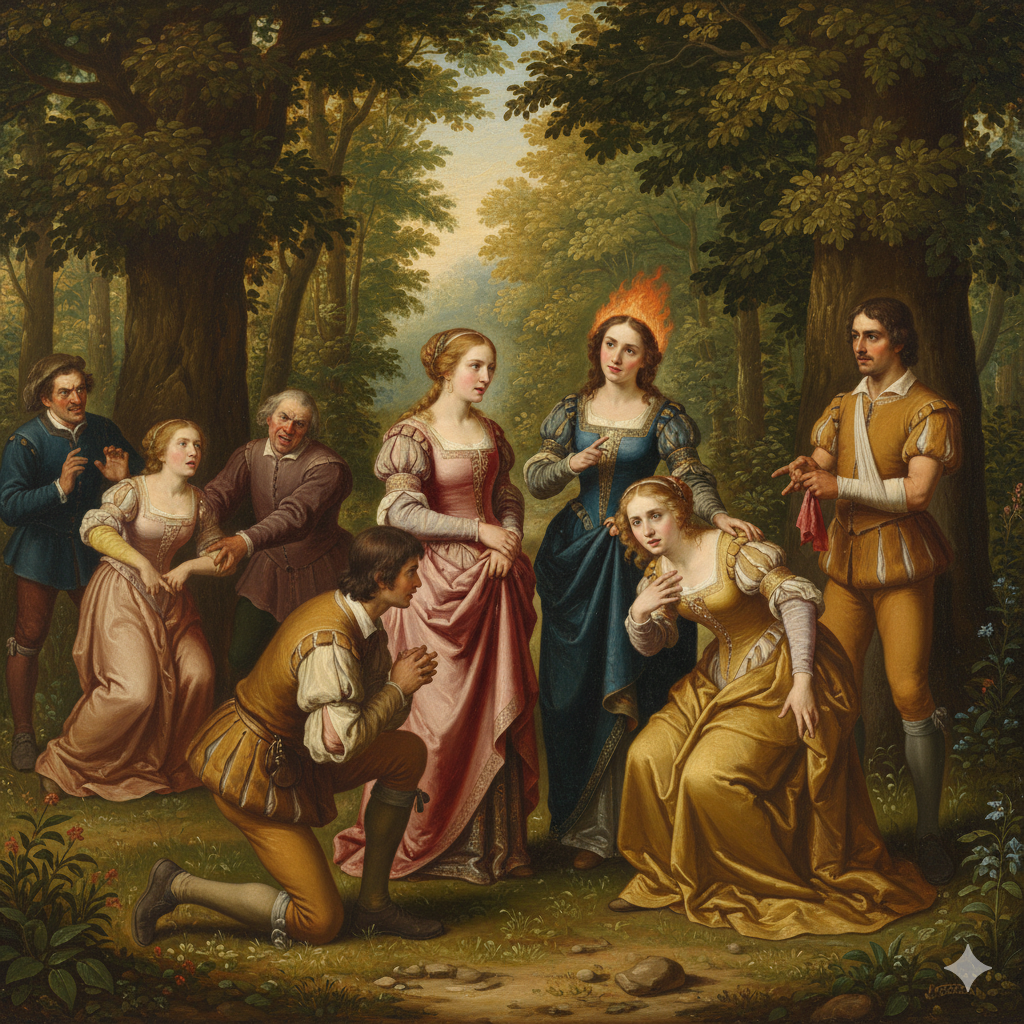 Renaissance painting showing Rosalind as Ganymede lecturing Phebe while Silvius kneels, Orlando arrives with a bandaged arm and handkerchief, Celia supports a fainting Rosalind, and Touchstone and Audrey appear in the background with Sir Oliver Martext.