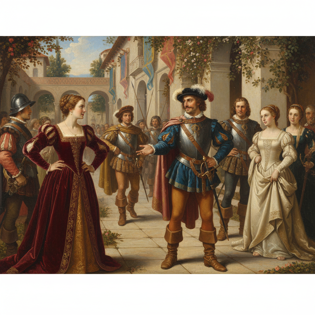 Renaissance style forest scene with Beatrice and Hero talking while Benedick hides behind a tree listening, with Don Pedro and Claudio plotting nearby and Balthasar playing a lute.