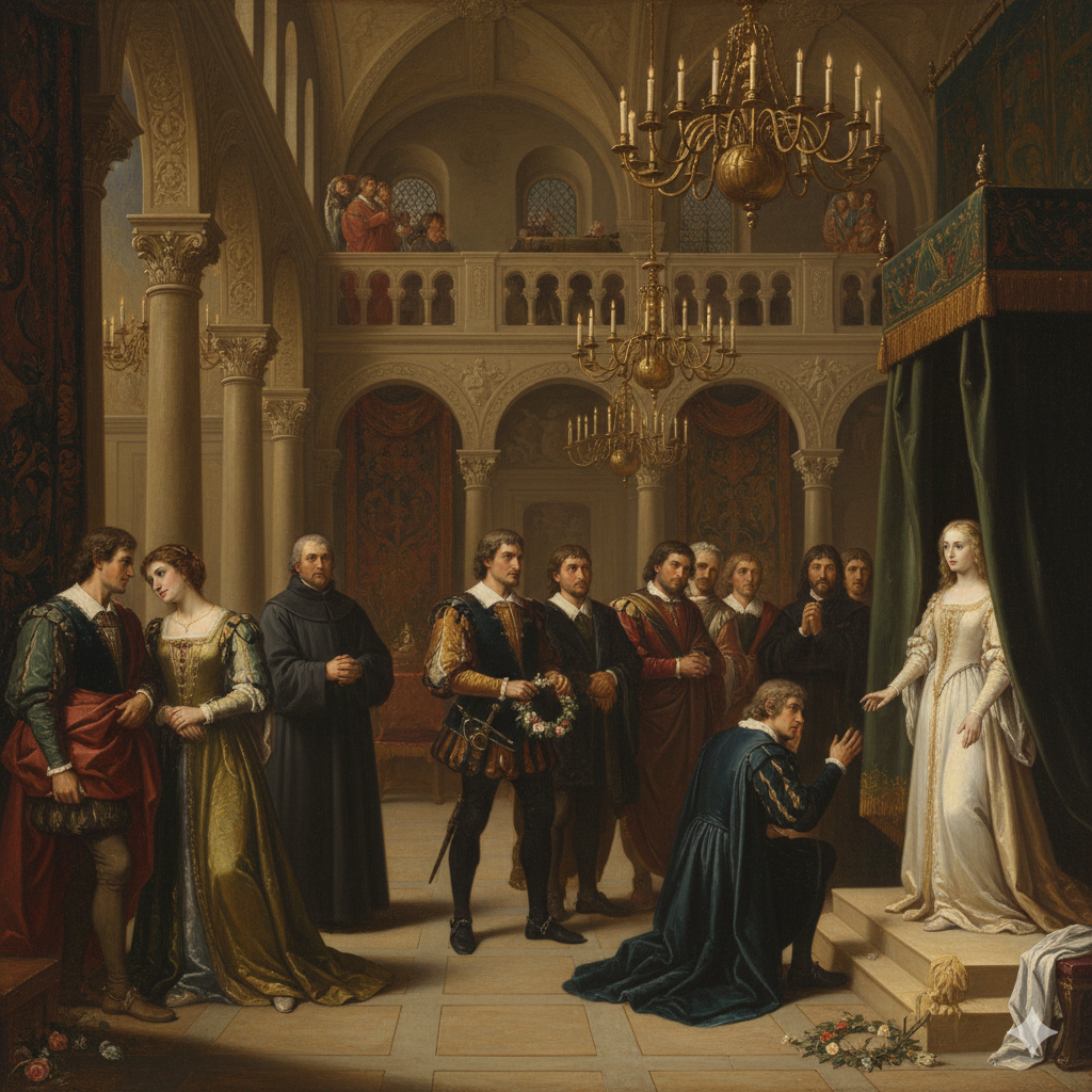 Renaissance-style painting of Hero revealing herself to Claudio as he kneels with a wreath, surrounded by Leonato, Don Pedro, Beatrice, Benedick, and a friar in a grand hall.