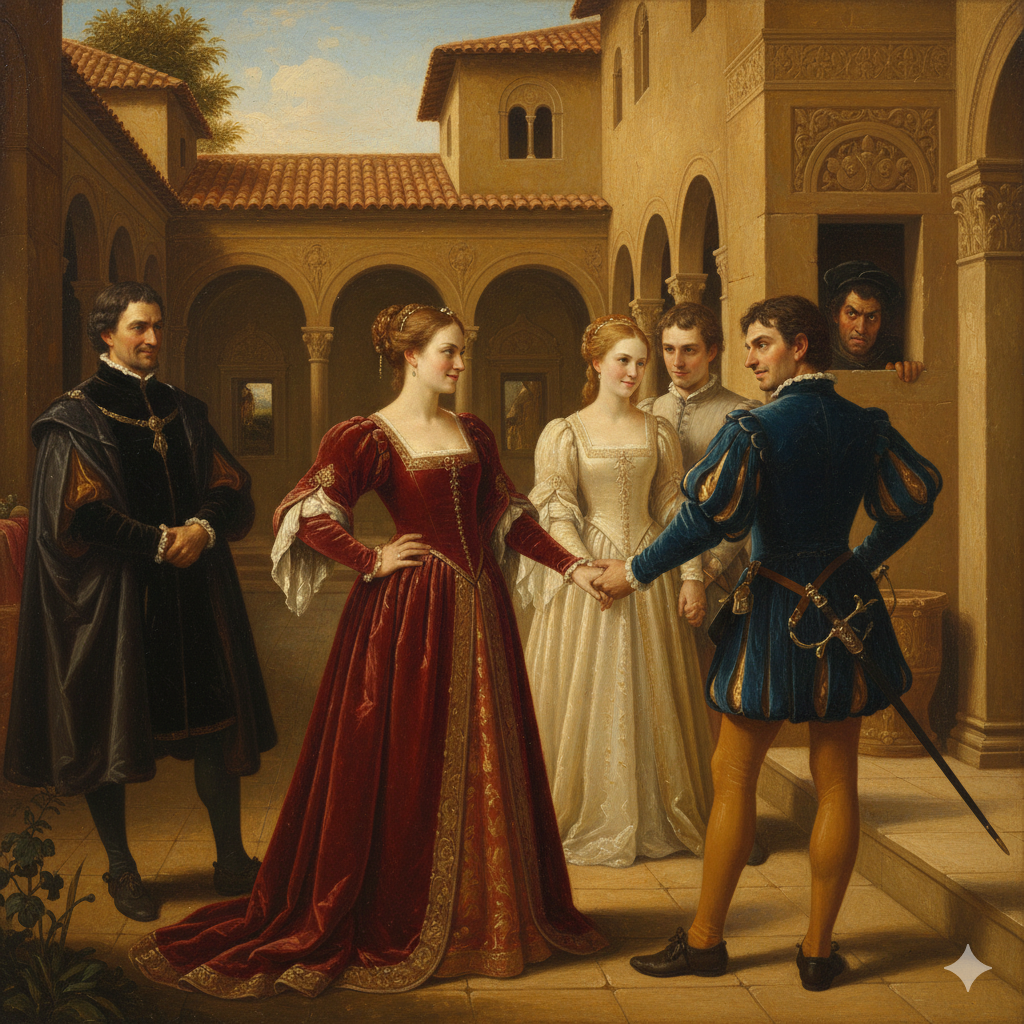 Renaissance-style scene showing Beatrice and Benedick exchanging sharp glances while Don Pedro, Claudio, and Leonato gather after returning from war, set against a warm Italian courtyard.