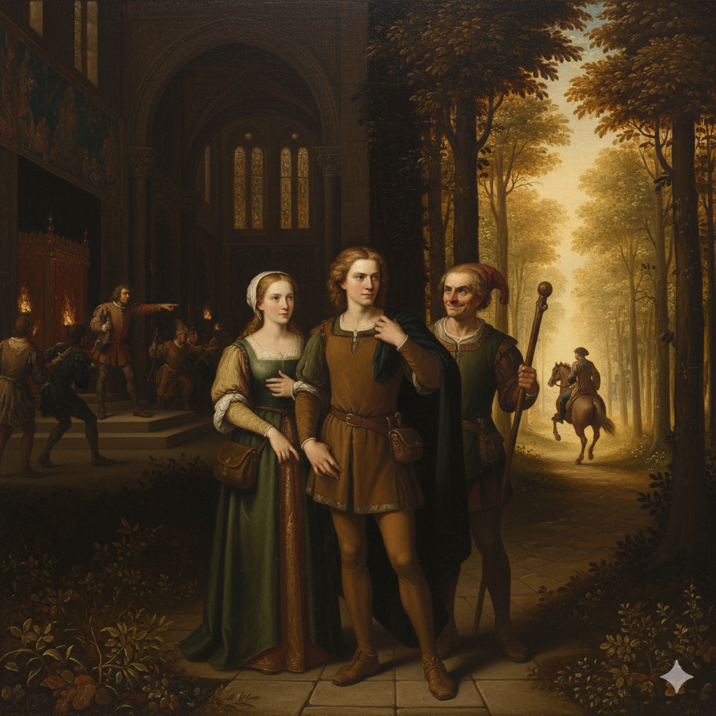 Renaissance painting of Rosalind as Ganymede, Celia as Aliena, and Touchstone preparing to leave the court while Orlando walks toward the Forest of Arden.