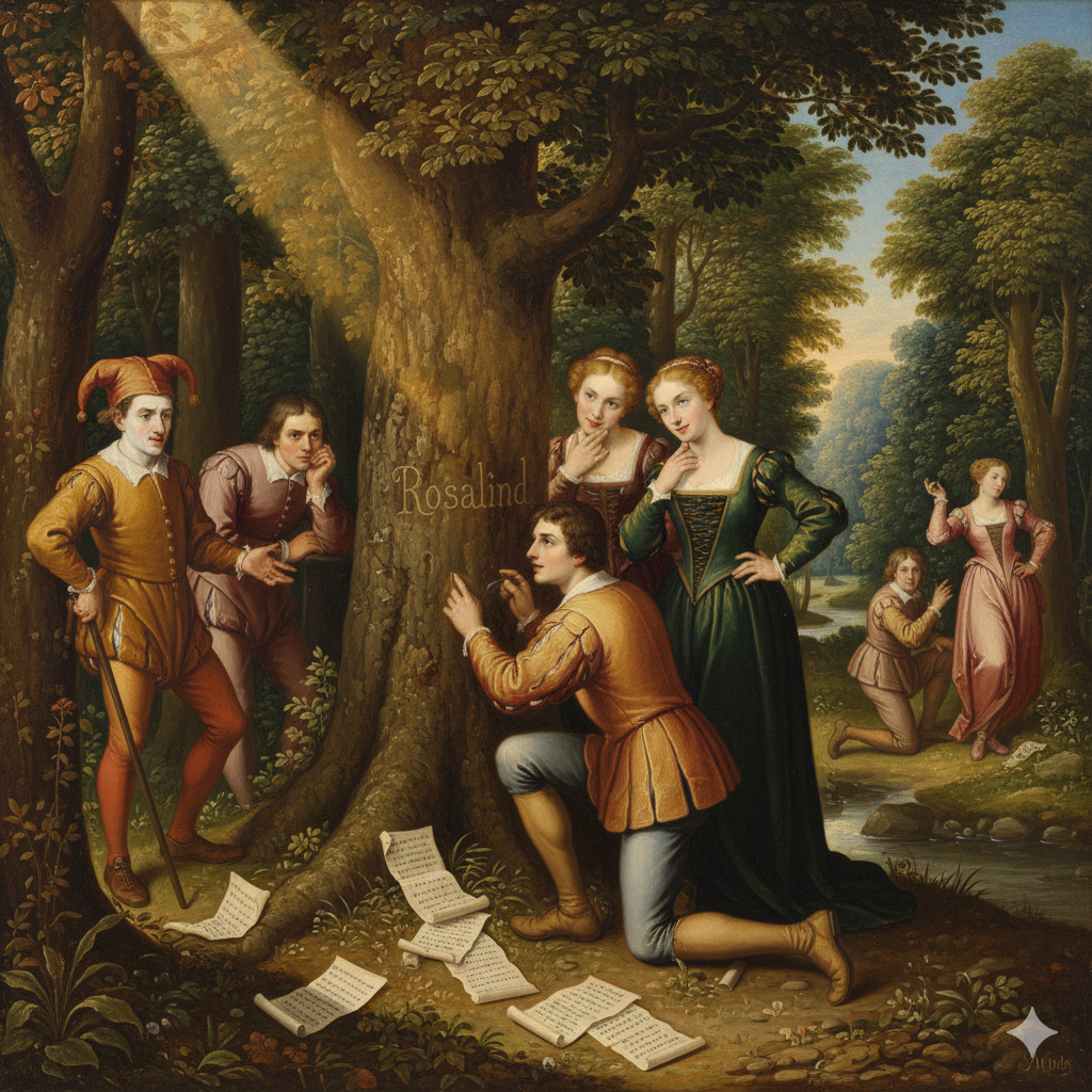 Renaissance painting of Orlando carving Rosalind’s name into a tree as Rosalind disguised as Ganymede and Celia watch, while Touchstone woos Audrey and Jaques observes gloomily in the background.
