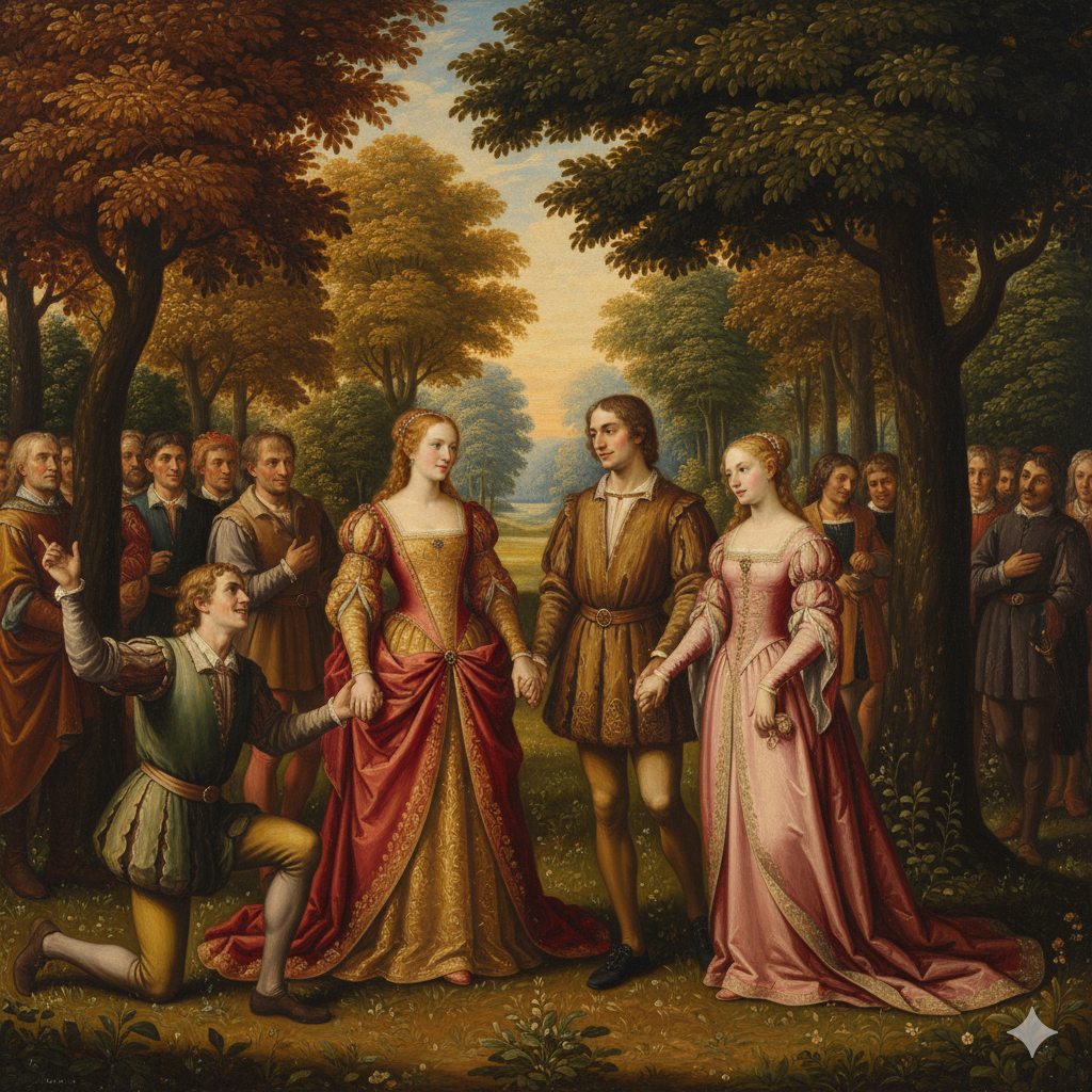 Renaissance painting of Rosalind and Orlando reunited, surrounded by Celia and Oliver, Silvius and Phebe, and Touchstone and Audrey, with Duke Senior watching and Jaques standing apart.
