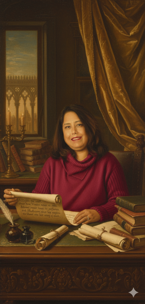 Renaissance portrait of a woman inspired by the reference image holding an unfurled scroll with a Shakespearean closing line, with subtle Venice and Belmont motifs in the background.
