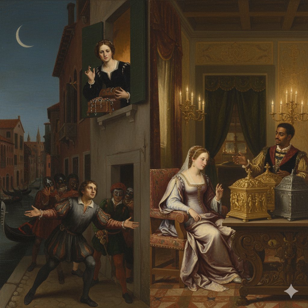 Renaissance painting showing Jessica escaping with a casket of jewels while Lorenzo waits below, paired with a Belmont scene of Portia and the Prince of Morocco before the three caskets.