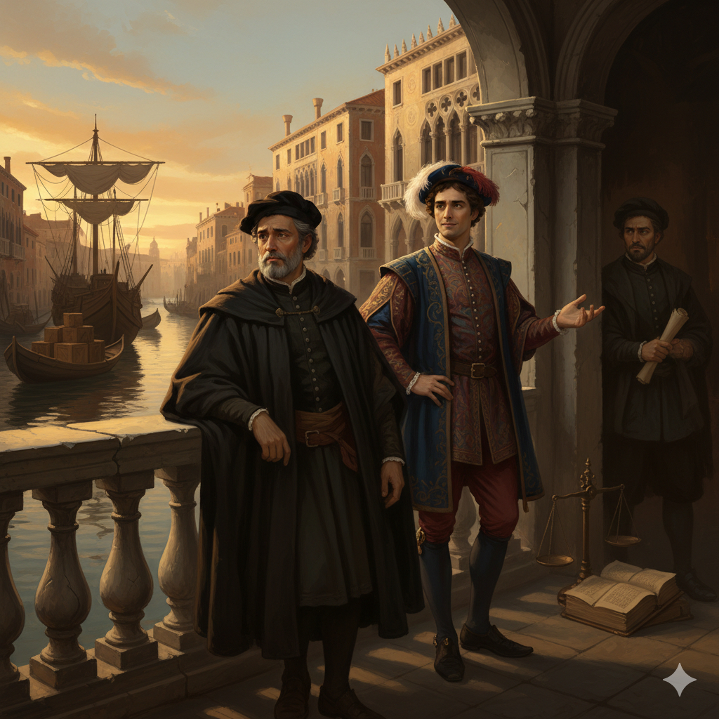 Renaissance style painting of Antonio, Bassanio, and Shylock standing by the Grand Canal at dusk in Venice.