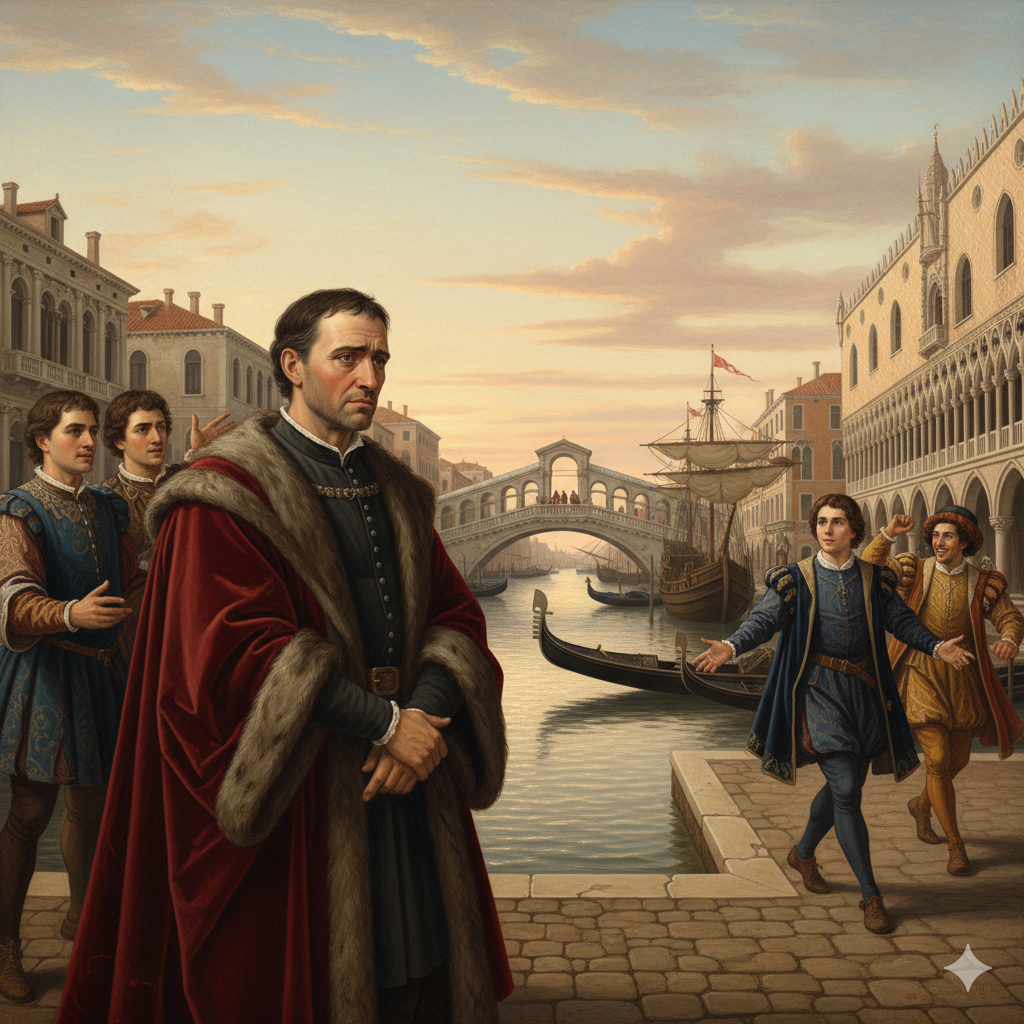 Renaissance style painting of Antonio, Salerio, Solanio, and Bassanio by the Venetian waterfront at dawn.