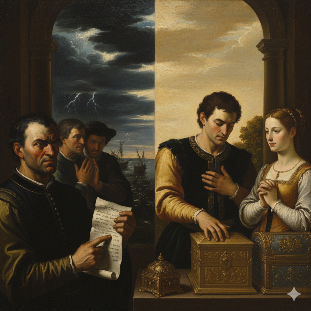 Renaissance style painting showing Shylock holding the bond in anger while Bassanio chooses the lead casket under Portia’s watch.
