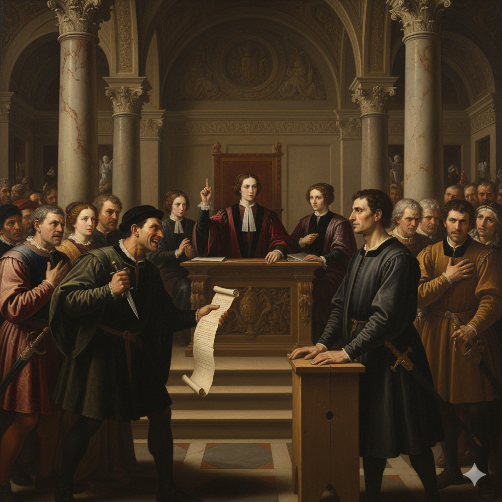 Renaissance style courtroom scene showing Shylock with a knife and bond, Antonio awaiting judgment, and Portia disguised as a lawyer delivering her verdict.