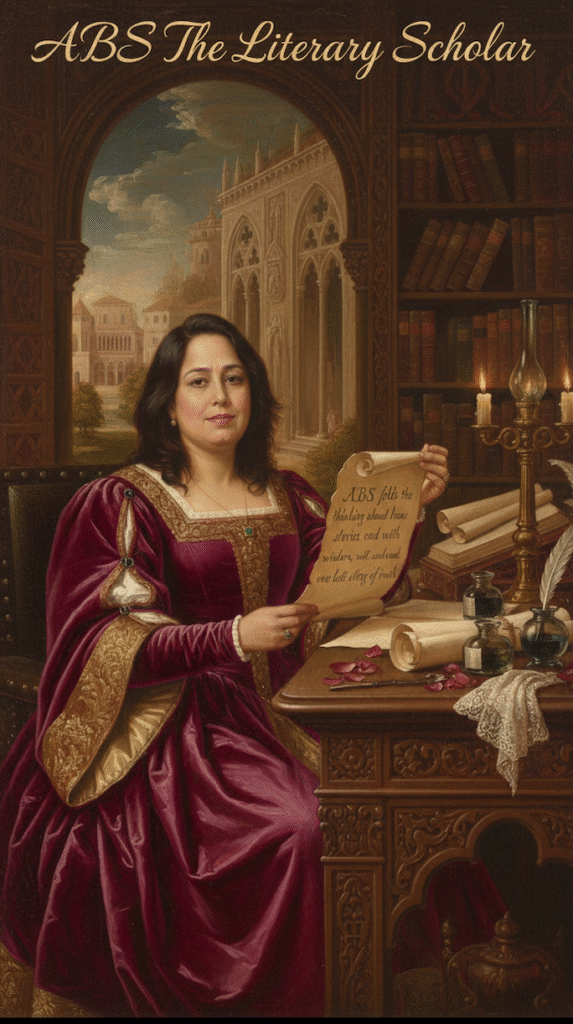 A Renaissance style painting of a woman seated at a wooden desk, folding a scroll with a gentle smile. A candle glows beside her and books line the background, creating a warm scholarly atmosphere.