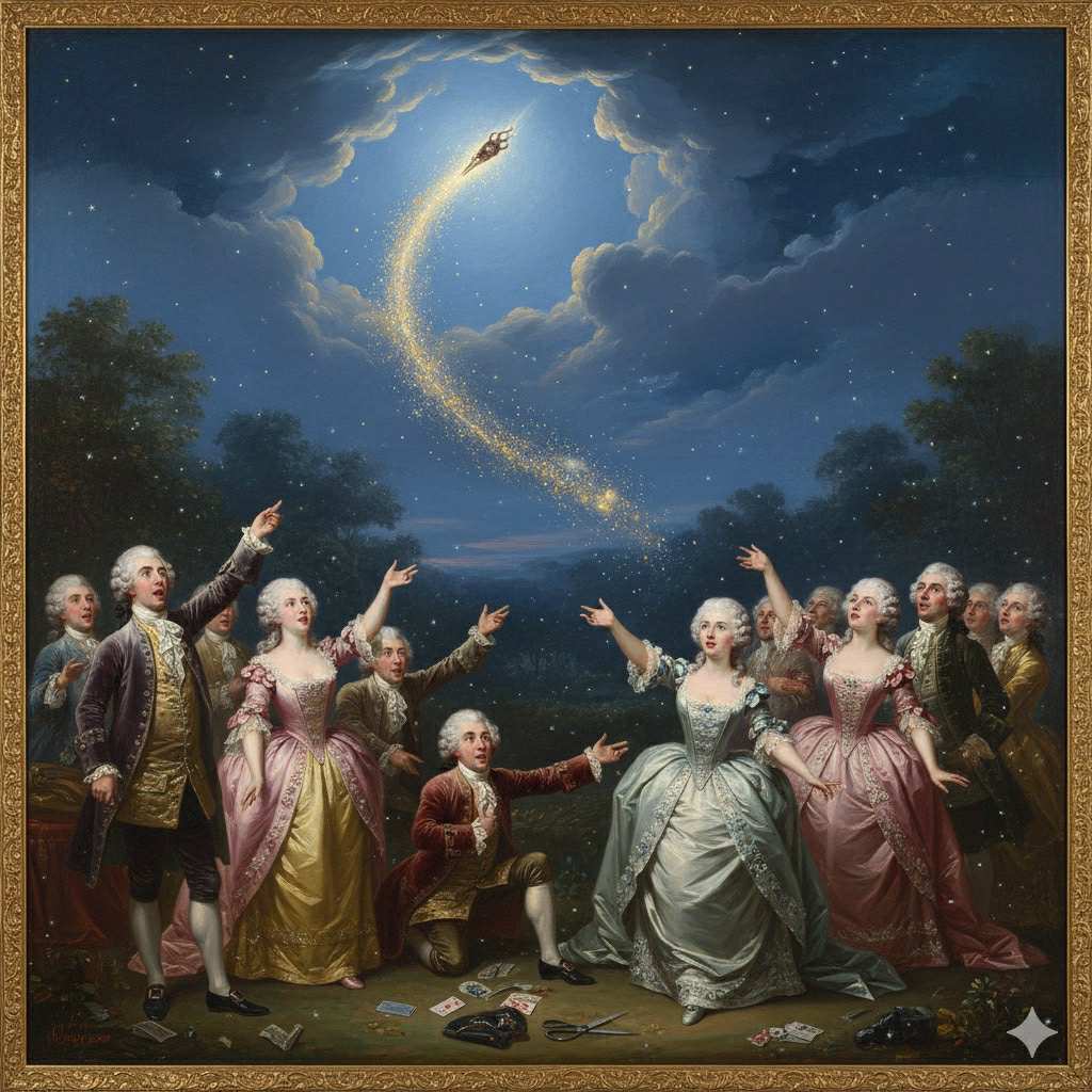 A glowing lock of hair rises into a star-filled night sky like a comet, while astonished 18th-century aristocrats in elaborate gowns and wigs gaze upward with dramatic expressions, inspired by the mock-epic finale of The Rape of the Lock.