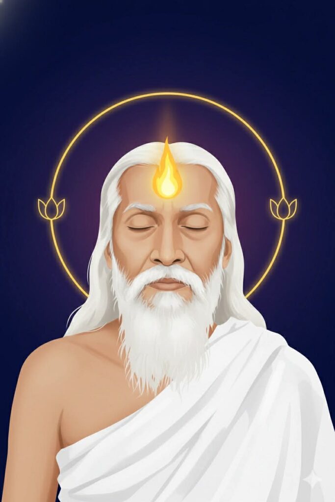 Digital illustration of Sri Aurobindo with closed eyes, white hair and beard, dressed in white robes, with a glowing flame at the center of his forehead and a golden halo with lotus symbols behind him.