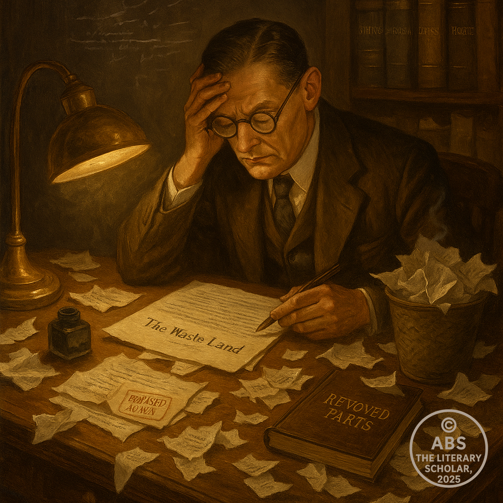Illustration of T. S. Eliot at a cluttered wooden desk, revising The Waste Land, surrounded by torn pages, a wastebasket full of drafts, an ink bottle, and a book titled Removed Parts.
