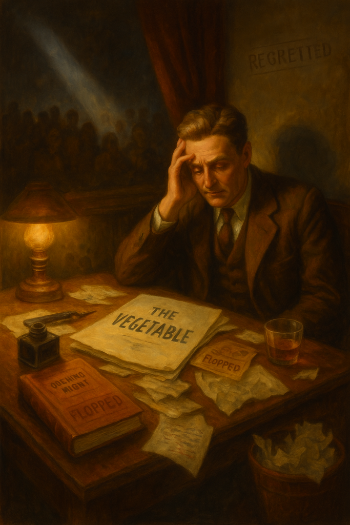 Illustration of F. Scott Fitzgerald sitting at a wooden desk, looking regretful as he stares at a manuscript titled The Vegetable. A theatre audience’s shadowy figures appear behind him, with scattered papers, a lamp and labels like Flopped and Regretted around the desk.