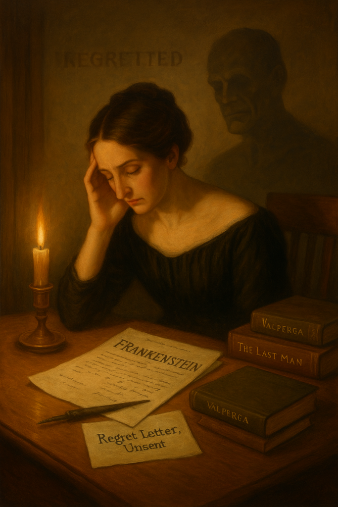 Oil painting of a young Mary Shelley sitting at a wooden desk beside a candle, looking troubled while a shadowy silhouette of Frankenstein’s Creature appears on the wall behind her. Papers titled Frankenstein and Regret Letter, Unsent lie on the desk along with books Valperga and The Last Man.