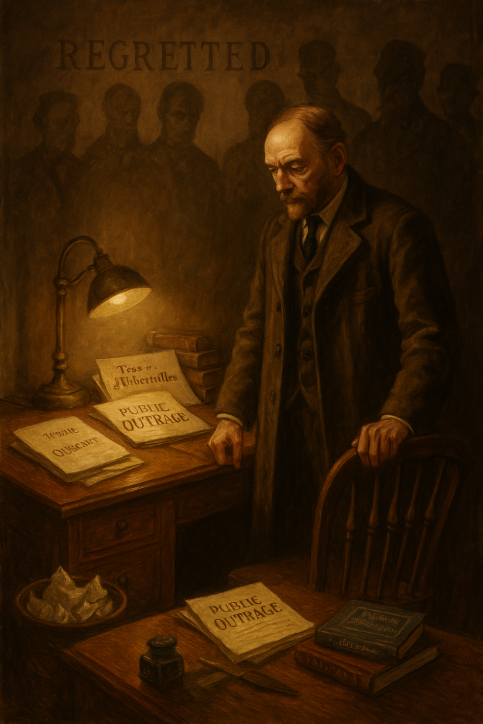 A somber oil style illustration of Thomas Hardy standing tensely in his study, illuminated by a harsh lamp. Manuscripts of Tess of the d’Urbervilles and Jude the Obscure lie on the desk beside newspapers labeled Public Outrage. Ghostly silhouettes of Victorian critics loom behind him, and the word REGRETTED is faintly burned into the wall.