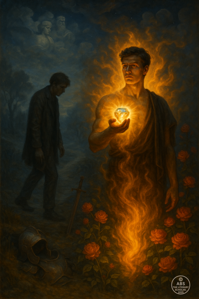 A visual interpretation of Emerson’s “Fate,” contrasting inner fire with human obscurity.