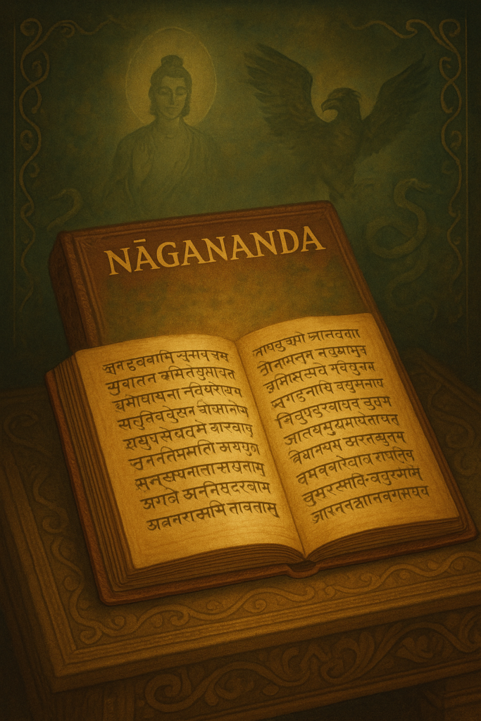 A traditional painting of an ancient Sanskrit manuscript of Nagananda glowing under warm light, with Avalokitesvara, Garuda, and serpent motifs subtly appearing in the background.