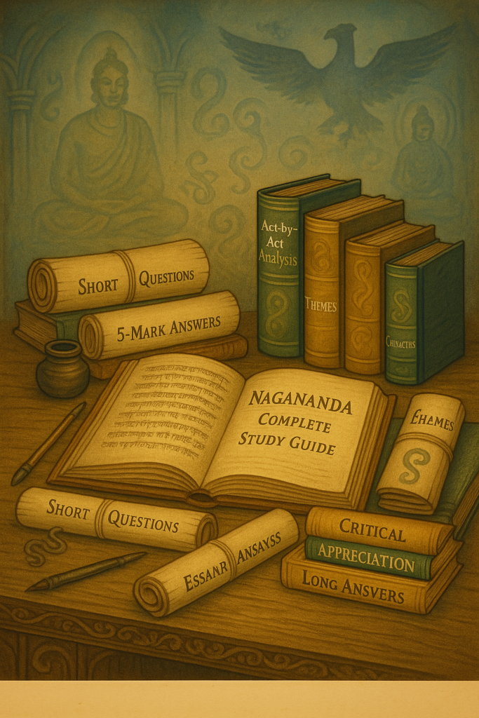 A symbolic academic illustration representing the full study guide of Harsha’s Nagananda, from summaries to essay questions.