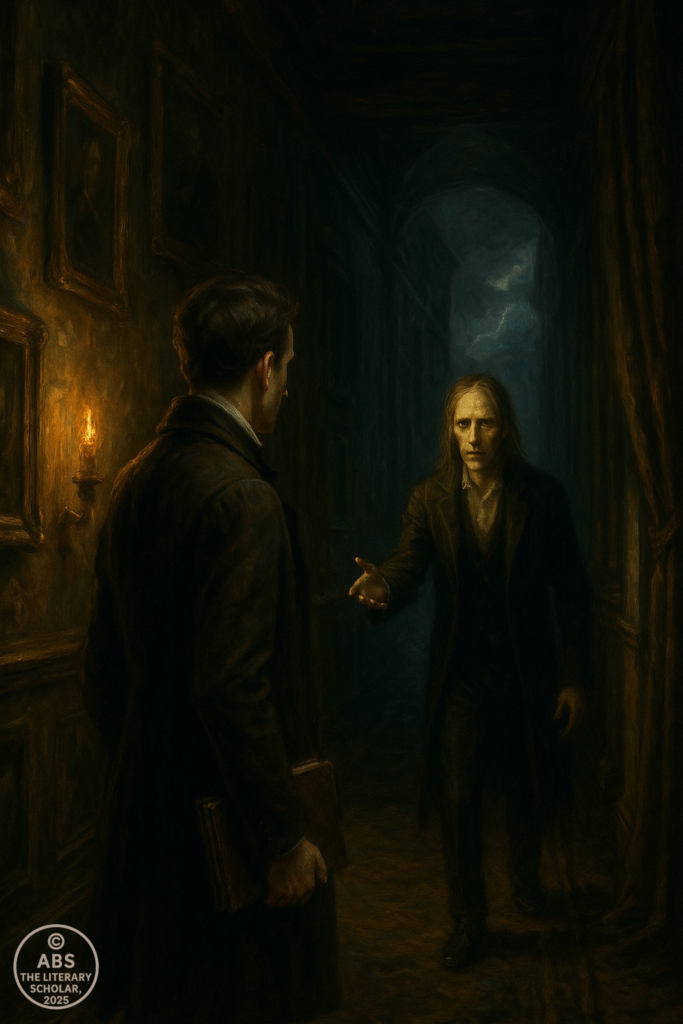 “A 19th-century writer holding a journal meets the pale, trembling Roderick Usher in a dark, candlelit Gothic corridor lined with old portraits.”