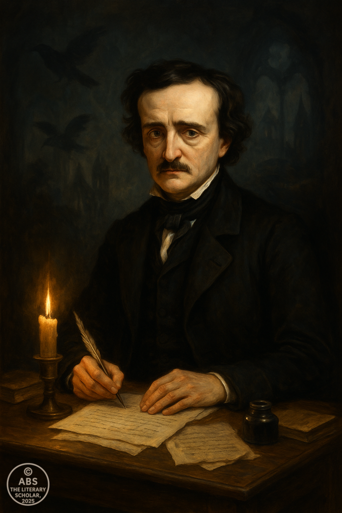“Edgar Allan Poe sits at a wooden desk writing with a quill by candlelight, with shadowy ravens and Gothic shapes behind him.”