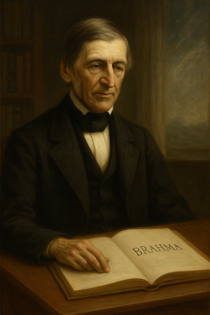 A realistic portrait of Ralph Waldo Emerson seated at a desk, contemplating an open manuscript titled “Brahma” in a quiet study.