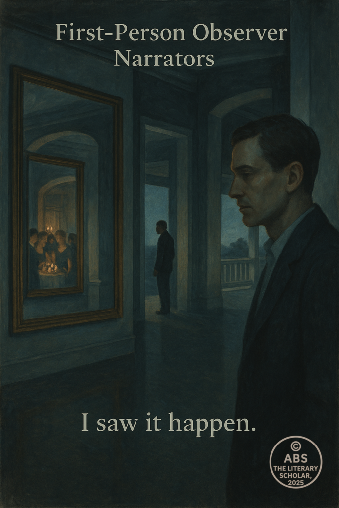 Symbolic illustration of an observer narrator standing aside while key events unfold indirectly through reflections, windows, and shadows, representing detached first-person narration.