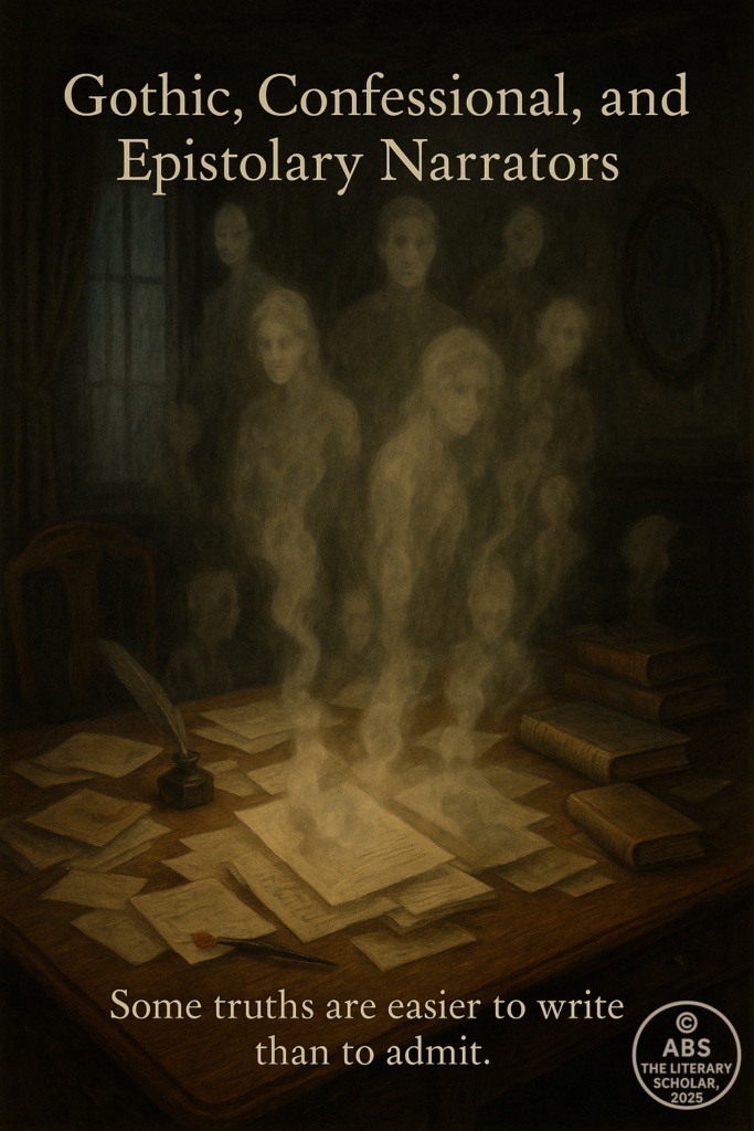 Symbolic illustration of Gothic and confessional narrators using letters and journals to reveal fear, guilt, and fragmented truth in classic fiction.