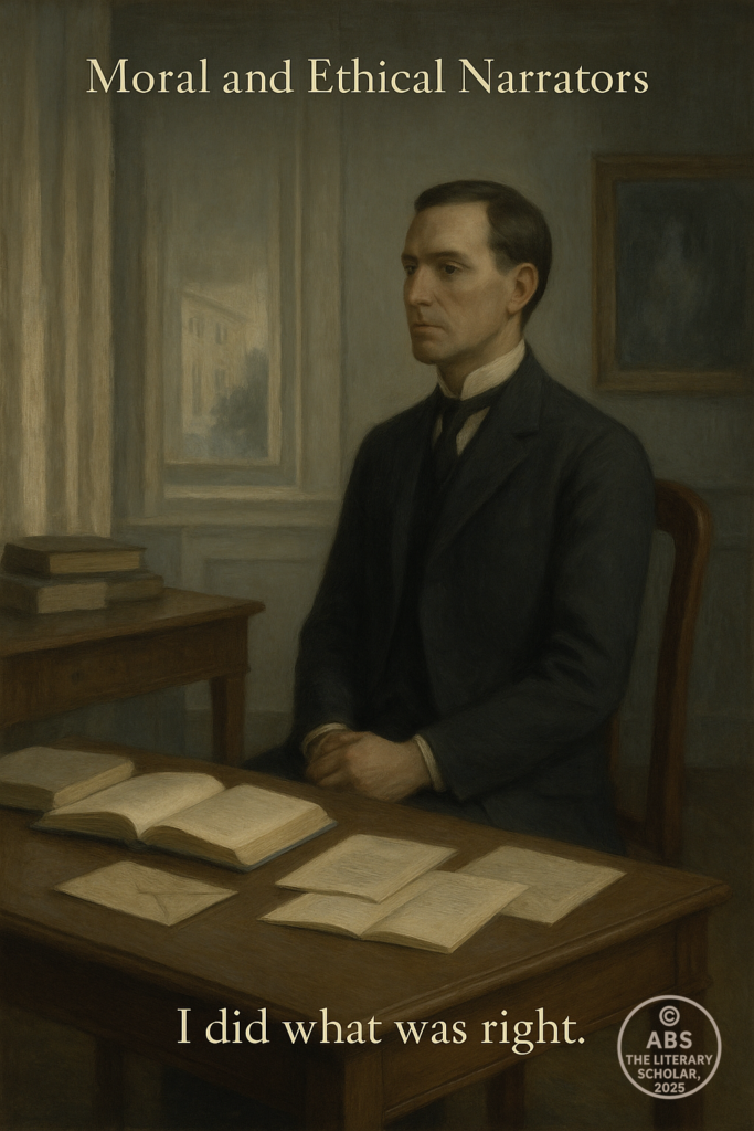 Symbolic illustration of a composed moral narrator in an orderly interior, representing ethical restraint and controlled narration in classic fiction.