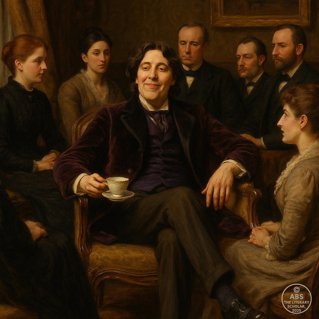 Oscar Wilde seated in a Victorian drawing room, dressed flamboyantly and smiling knowingly while surrounded by serious, well-dressed members of Victorian society.