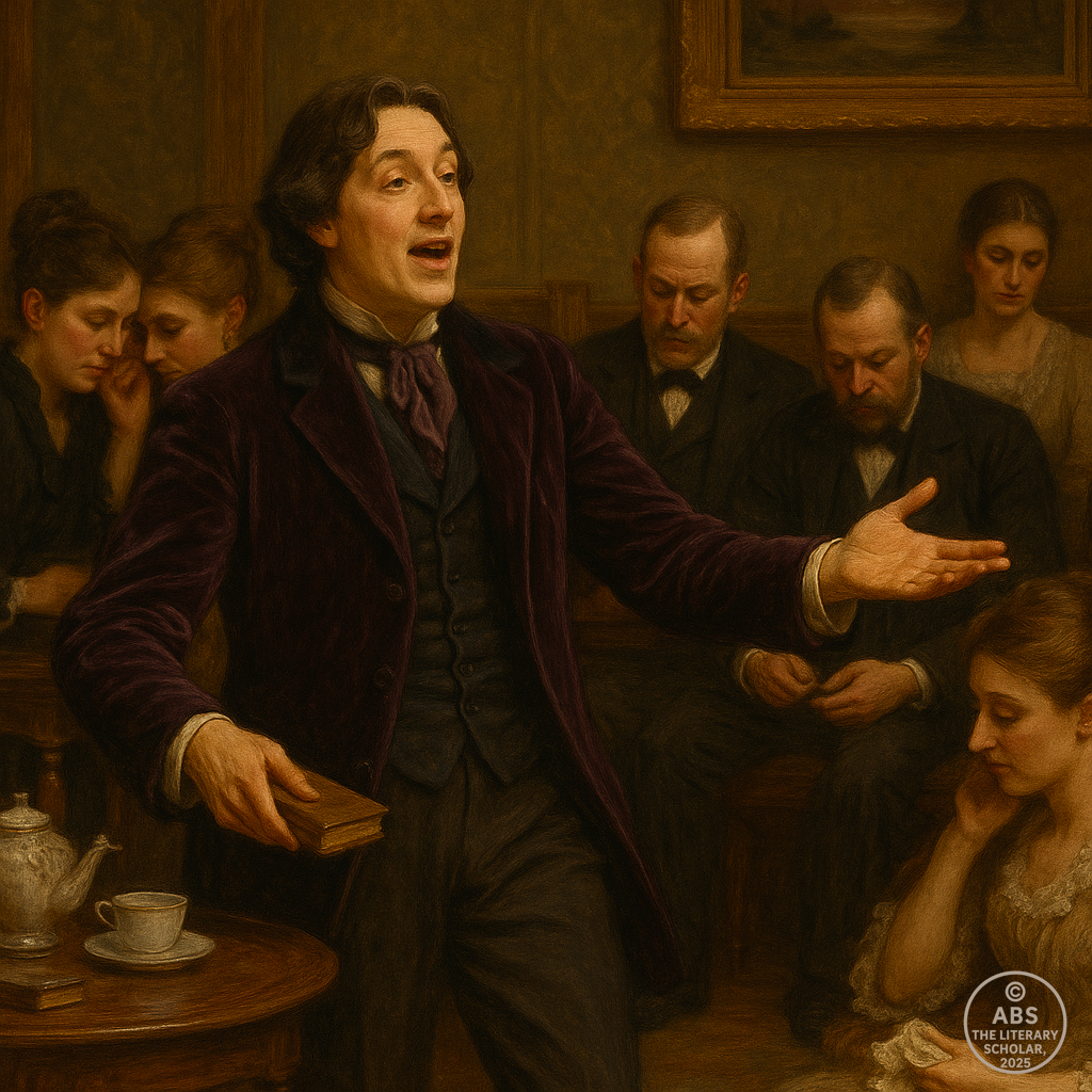 Oscar Wilde gesturing expressively in a Victorian drawing room while surrounding figures appear distracted, polite, and only half-attentive.