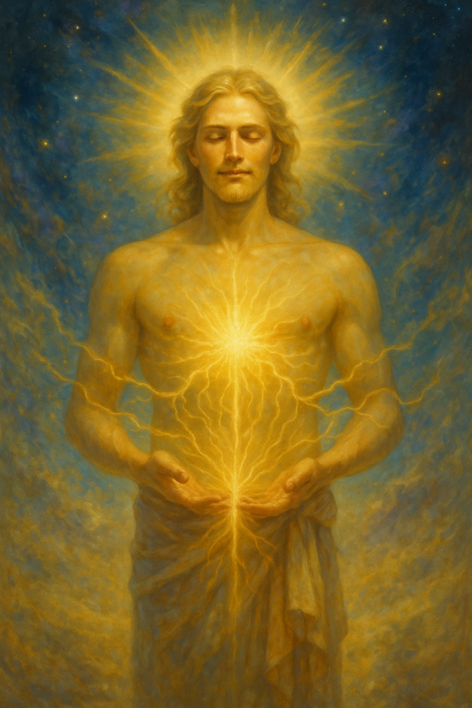 A radiant spiritual figure with closed eyes stands against a cosmic background. A golden halo shines behind the head, and a bright sunlike light glows at the center of the chest, sending luminous energy through the body.